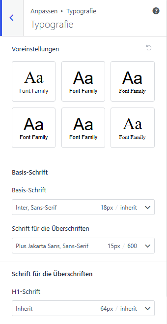 Customizer Global-Typografie mit Basisschrift und Überschriften-Schriftart