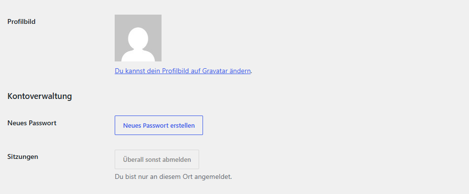 Profilseite mit Button Neues Passwort erstellen
