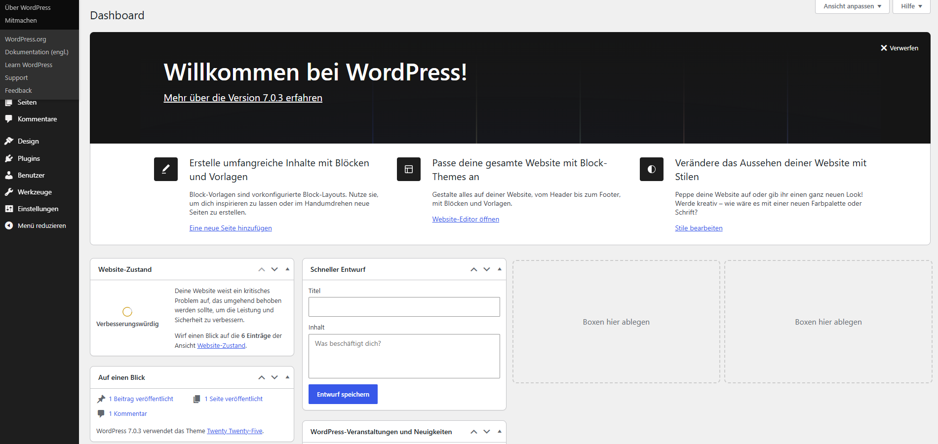 WordPress-Dashboard nach erstem Login