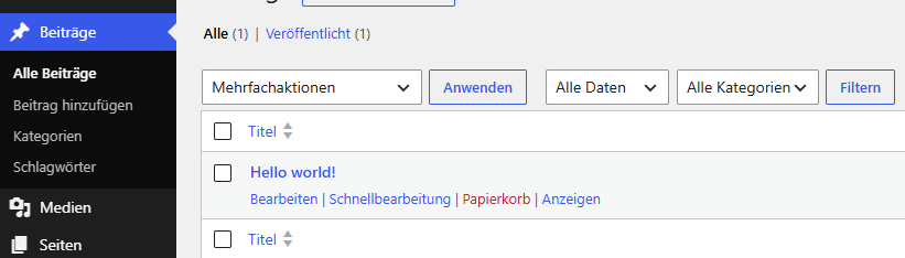 Beitrag Hello world! mit Papierkorb-Link