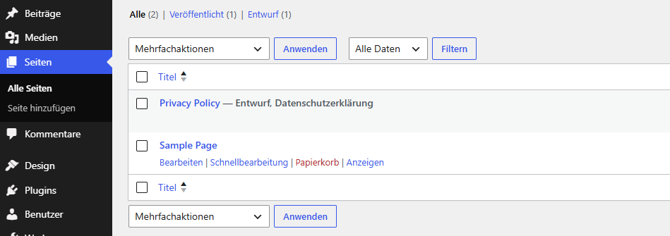 Seite Sample Page mit Papierkorb-Link