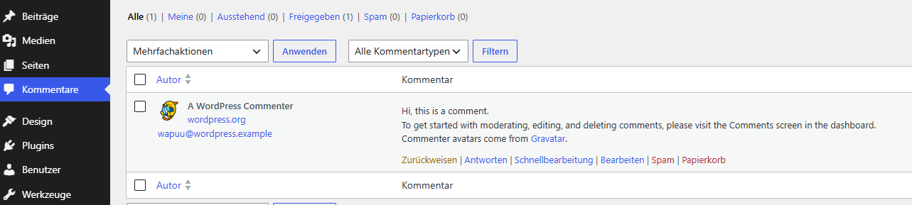 Beispiel-Kommentar mit Papierkorb-Link