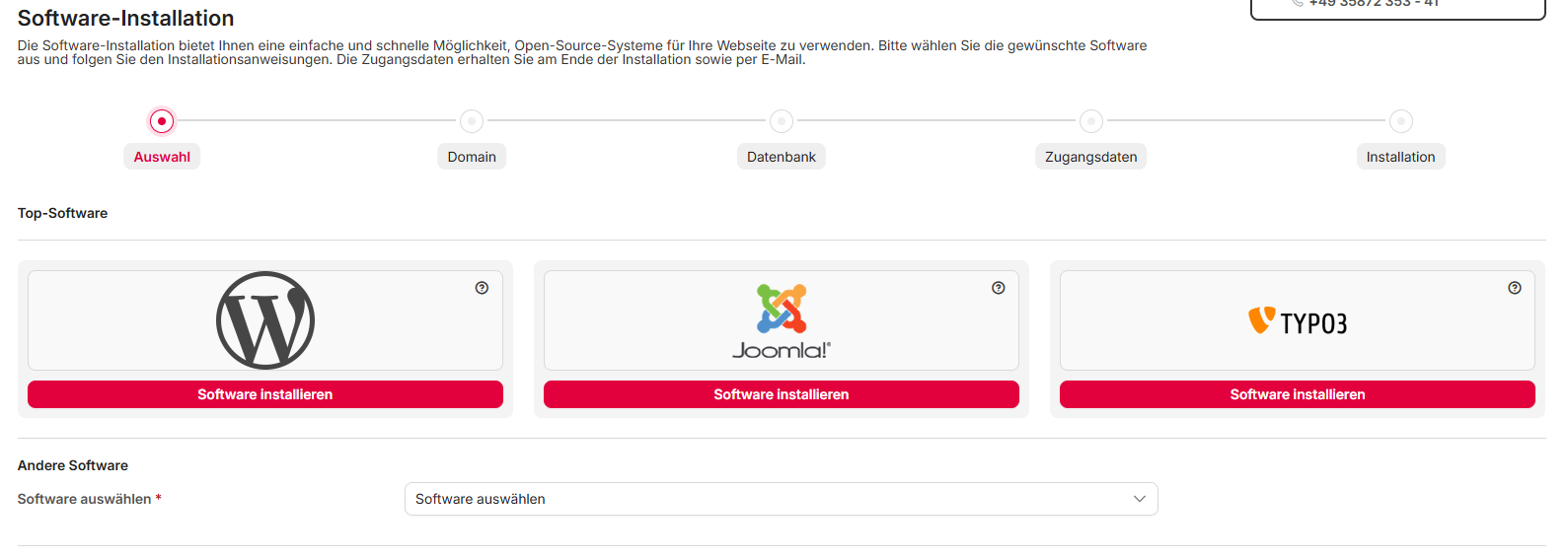 Software-Installation Auswahl mit WordPress-Kachel
