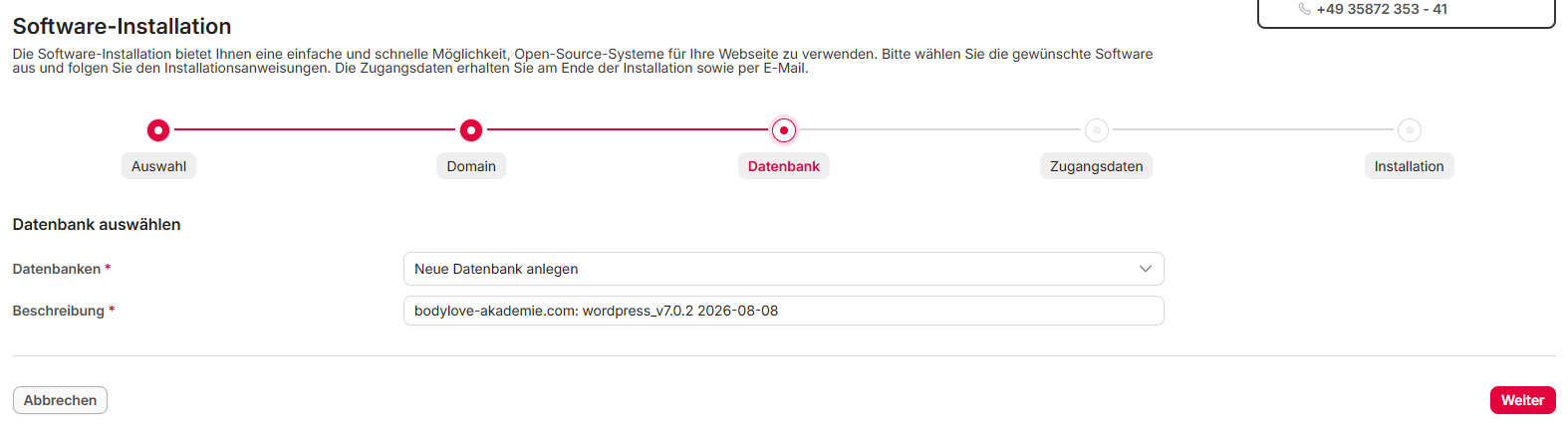 Software-Installation Schritt Datenbank mit Beschreibung