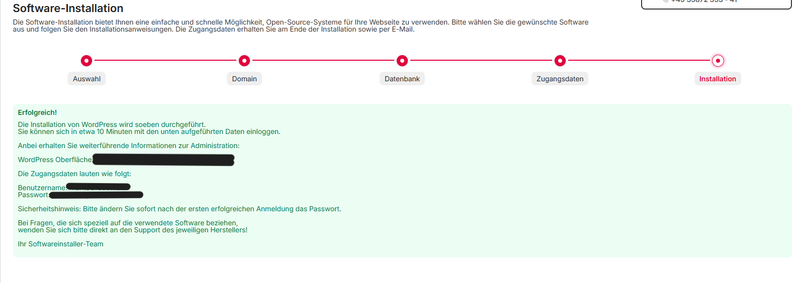 Erfolgsmeldung nach der WordPress-Installation mit Zugangsdaten