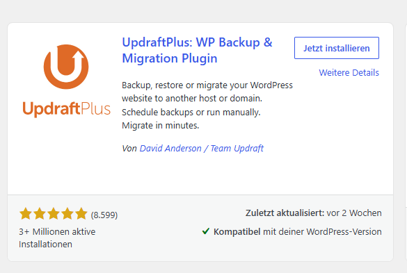 Plugin-Kachel UpdraftPlus: WP Backup & Migration Plugin mit Jetzt installieren