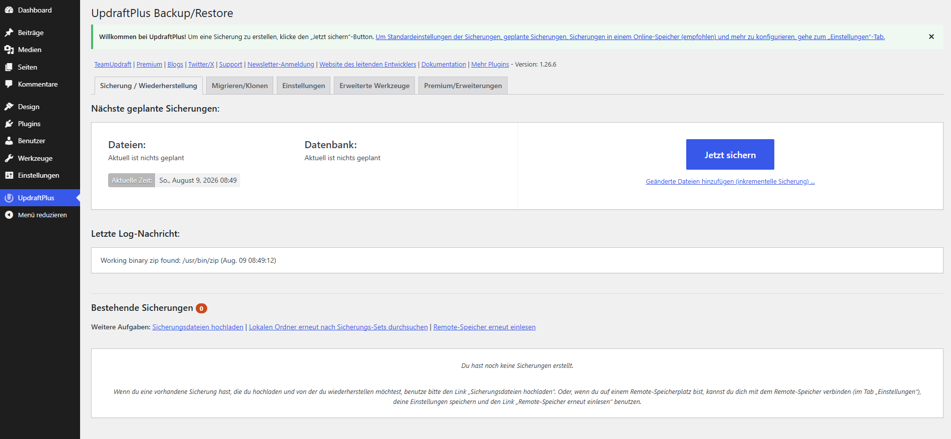 UpdraftPlus Backup/Restore Hauptseite mit Reitern und Jetzt-sichern-Button