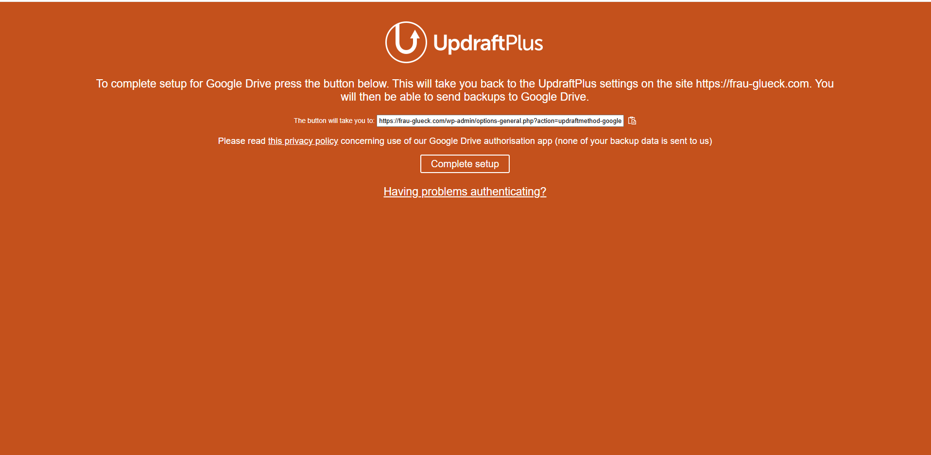 Orangener Complete-setup-Bildschirm von UpdraftPlus