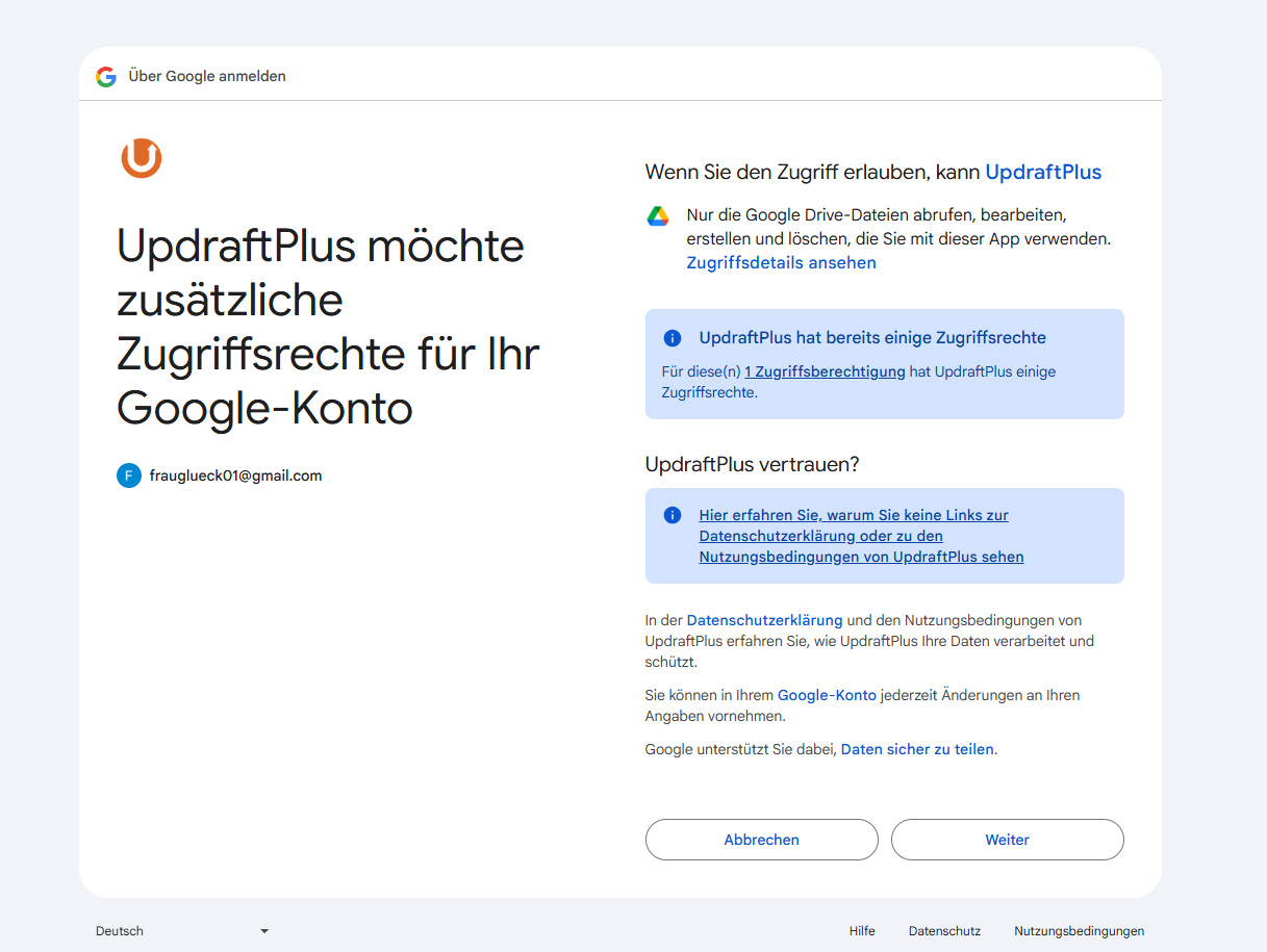Google-Zugriffsrechte-Seite UpdraftPlus möchte zusätzliche Zugriffsrechte