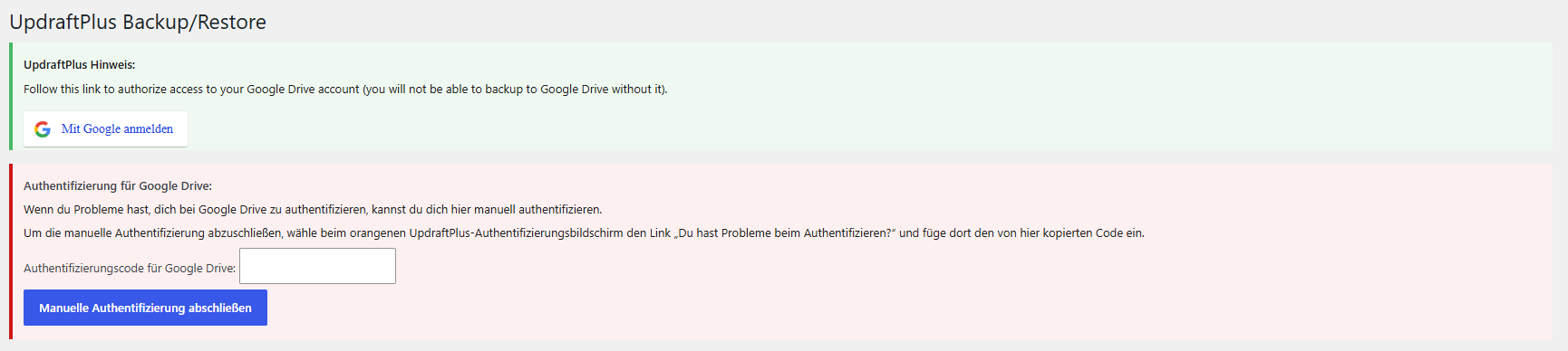 Orangene Fehlerseite bei der Google-Authentifizierung