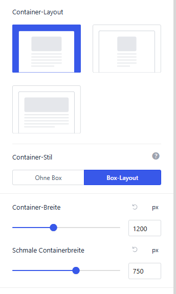 Customizer Global-Container mit Container-Layout, Container-Stil und Breiten-Slidern