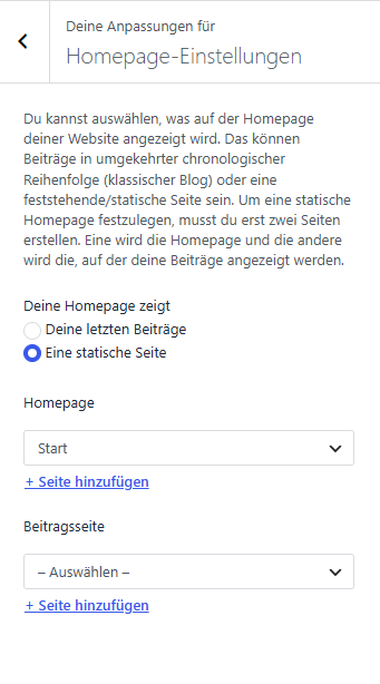Homepage-Einstellungen mit Deine Homepage zeigt: Eine statische Seite