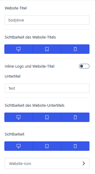 Website-Titel und -Logo mit Sichtbarkeits-Symbolen für Desktop, Tablet und Handy