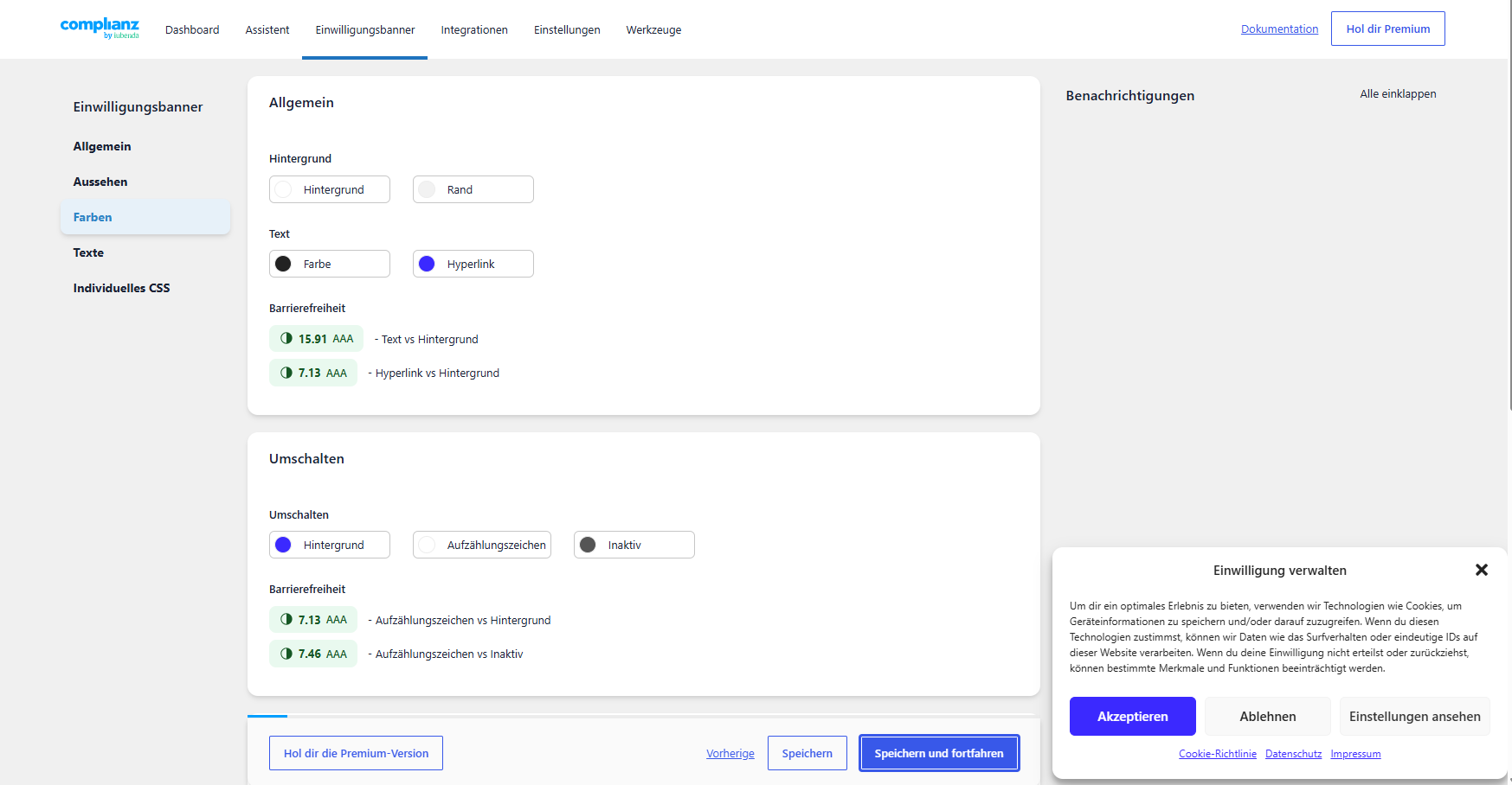 Farben-Reiter mit Hintergrund, Text, Hyperlink und Umschalten-Farben plus Barrierefreiheits-Kontrastwerten