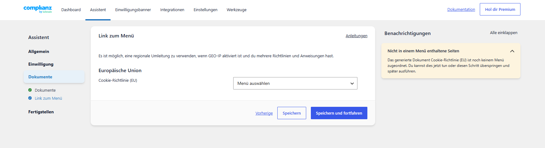 Link zum Menü mit Dropdown Menü auswählen für die Cookie-Richtlinie