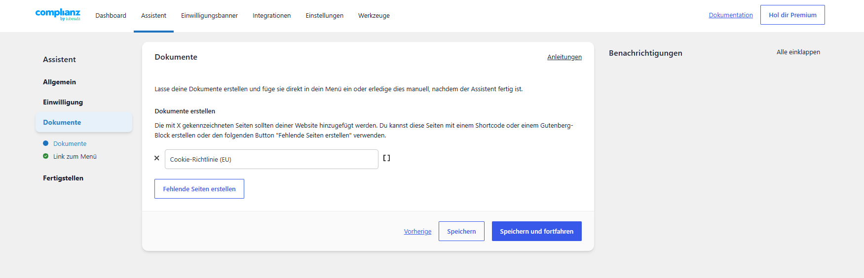 Dokumente-Übersicht mit fehlender Cookie-Richtlinie-Seite und Button Fehlende Seiten erstellen