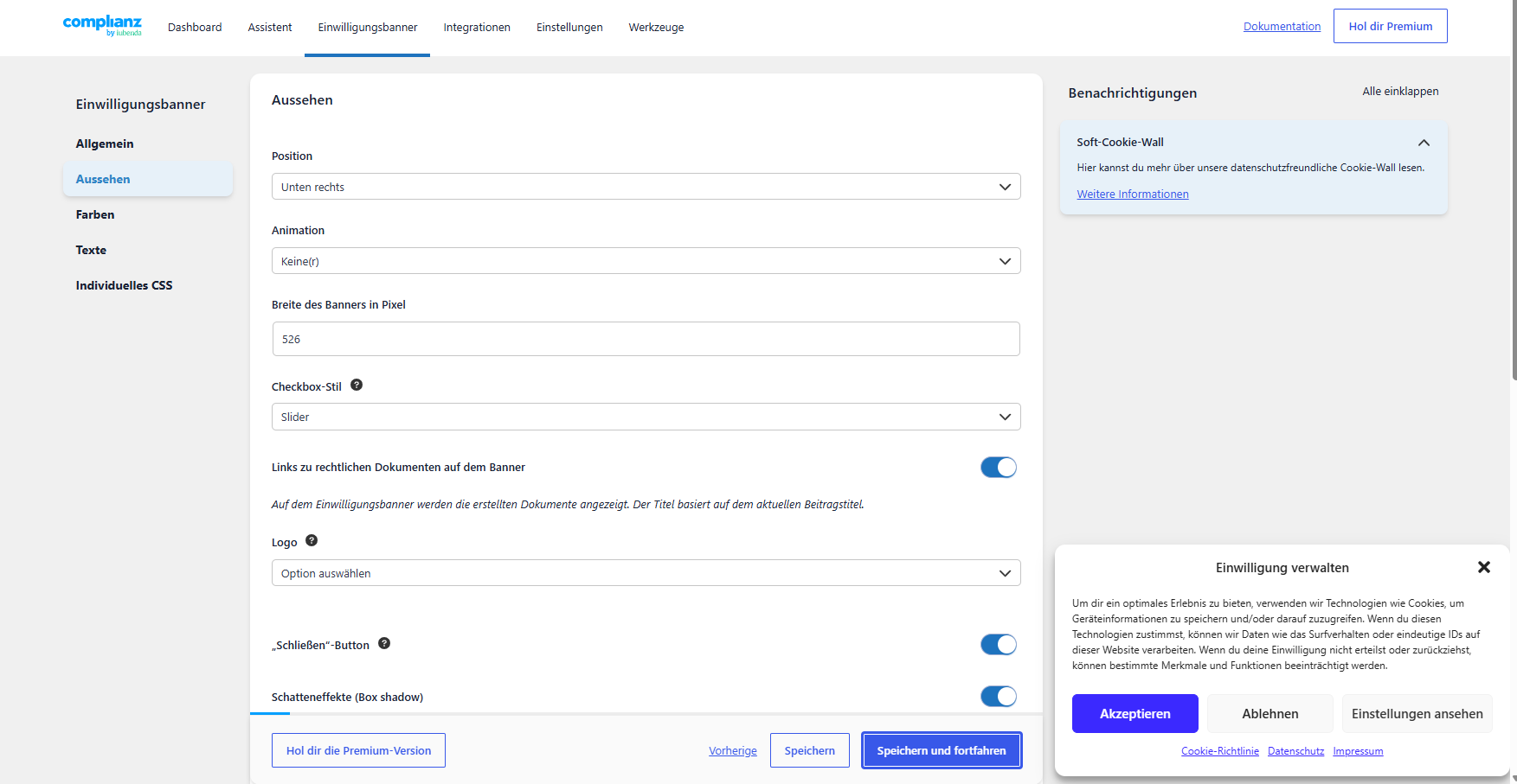 Aussehen-Reiter mit Position, Animation, Breite und Checkbox-Stil