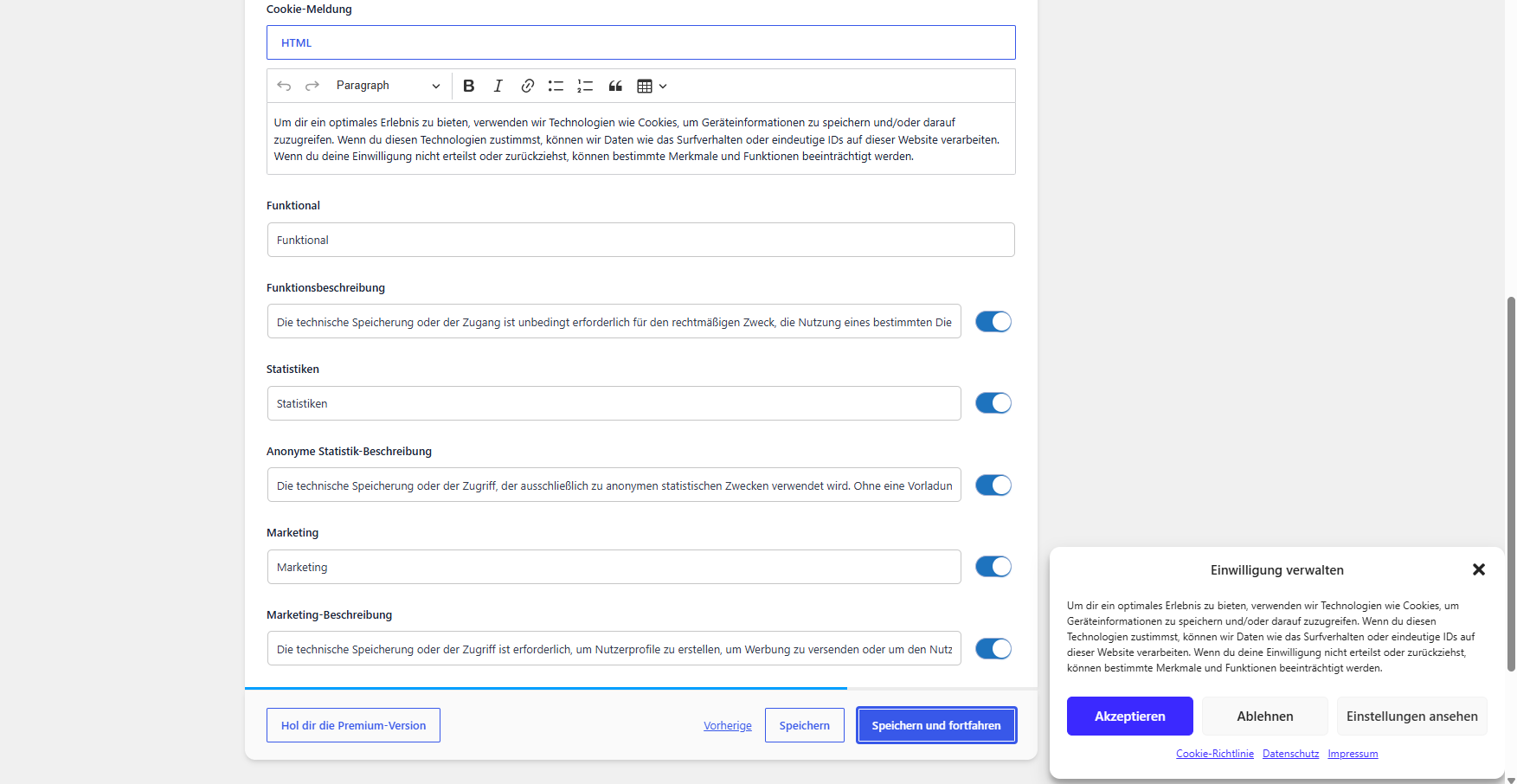 Texte-Reiter mit Cookie-Meldung-HTML-Editor, Funktional, Statistiken und Marketing-Beschreibungen