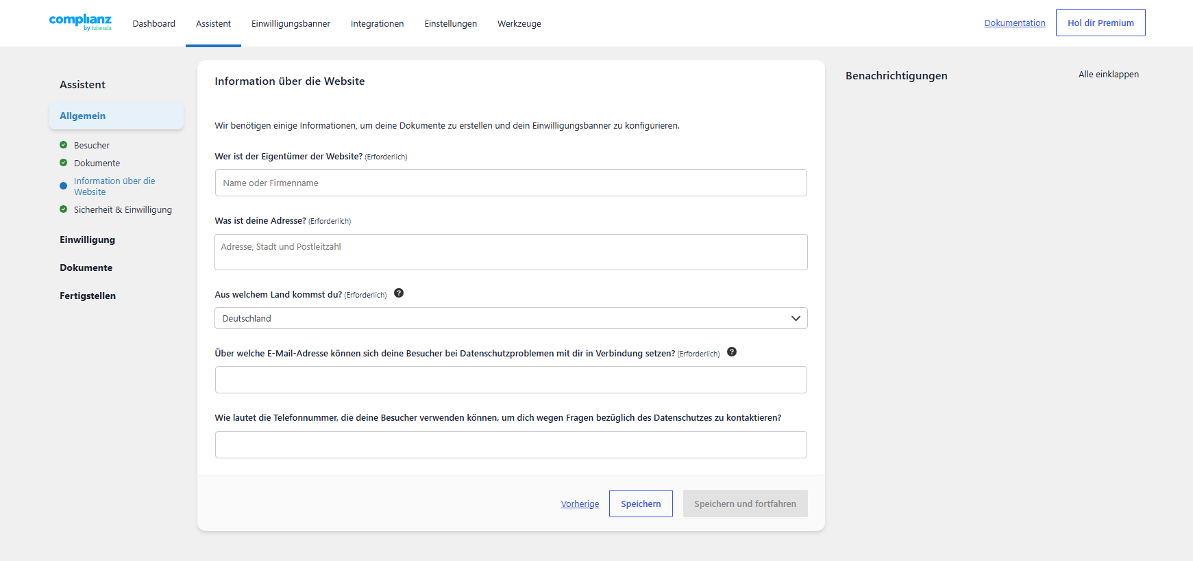 Information über die Website mit Eigentümer, Adresse, Land, E-Mail und Telefonnummer
