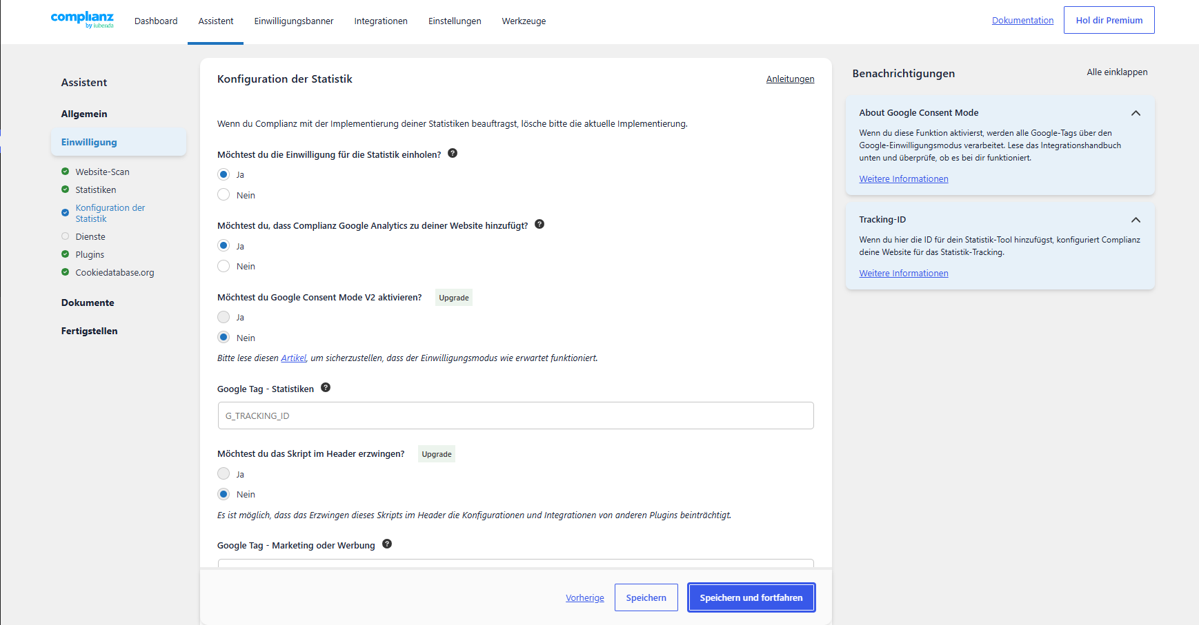 Konfiguration der Statistik mit Einwilligung, Google Analytics, Consent Mode V2 und Tracking-ID