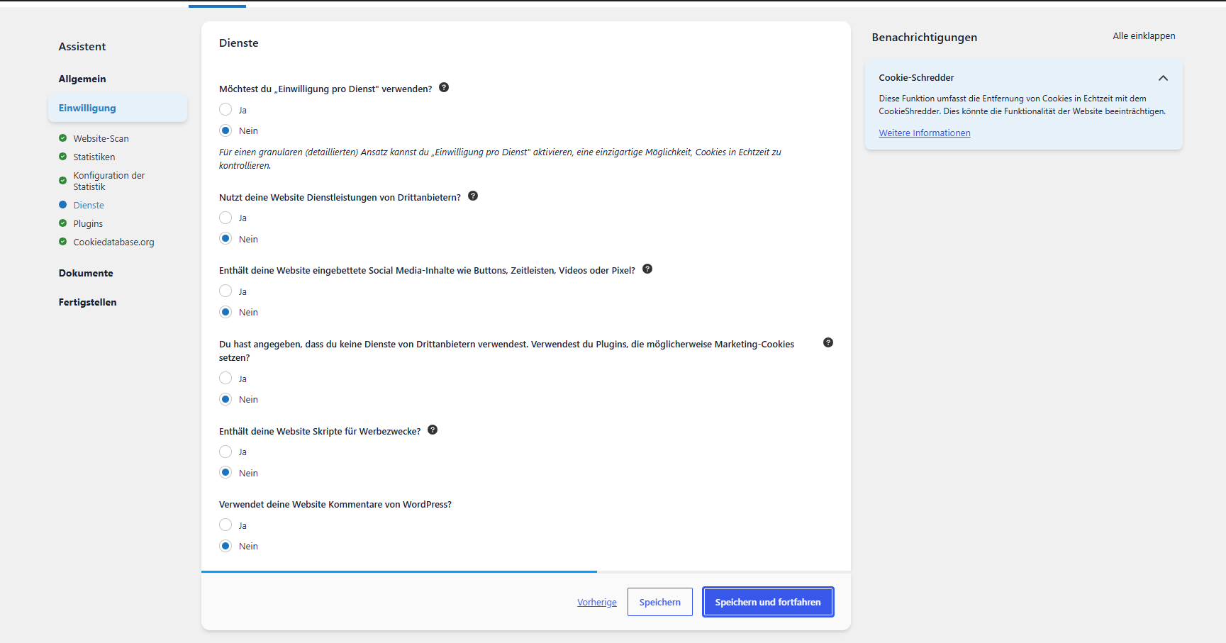 Dienste-Fragen zu Drittanbietern, Social-Media-Inhalten, Marketing-Cookies, Werbeskripten und Kommentaren