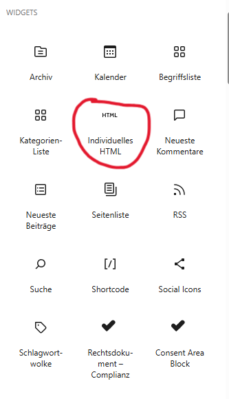 Custom HTML Block im Editor auswählen