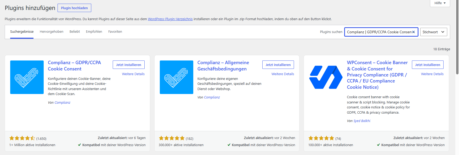 Plugin-Suche mit drei ähnlichen Complianz/WPConsent-Kacheln