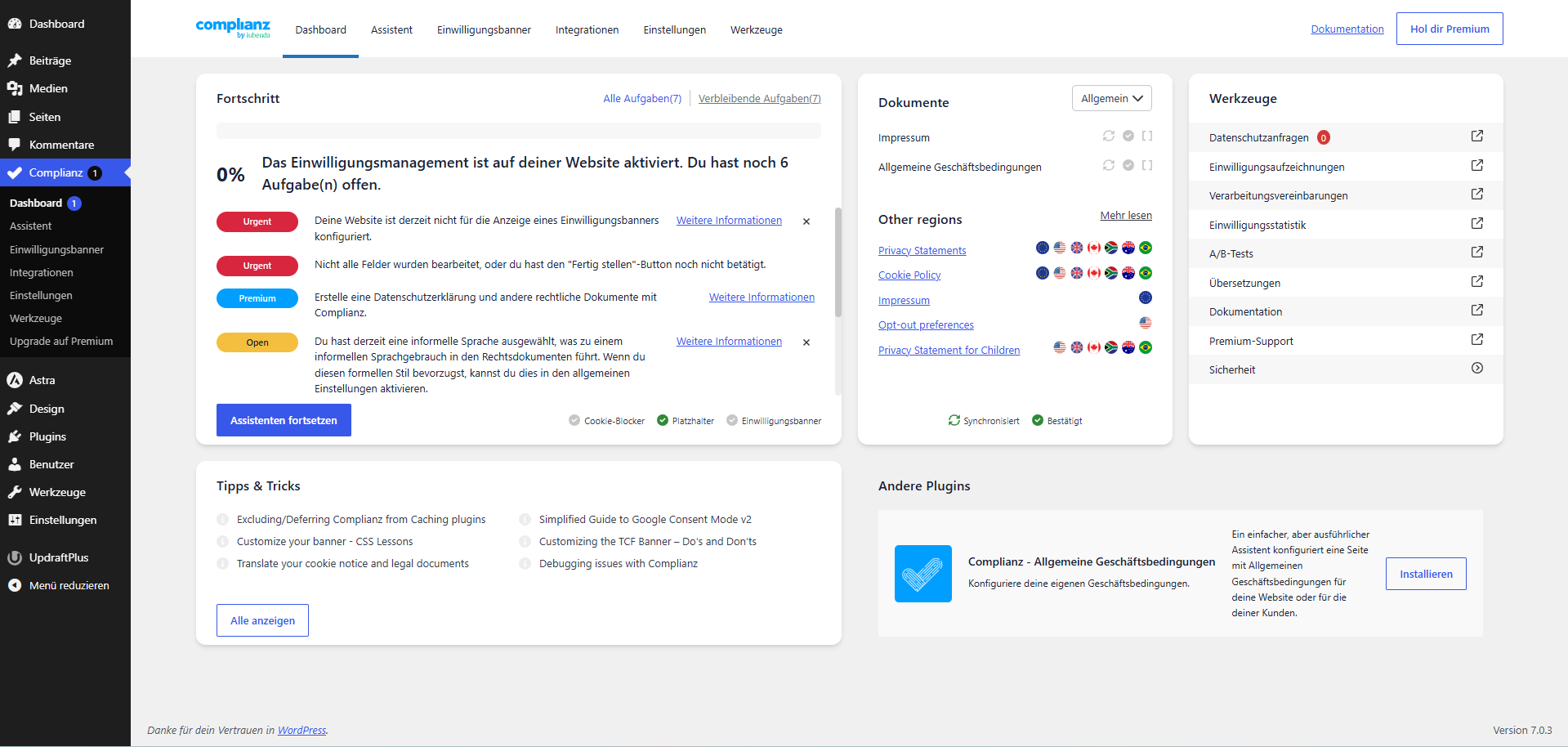Complianz-Dashboard mit Fortschrittsanzeige und Button Assistenten fortsetzen
