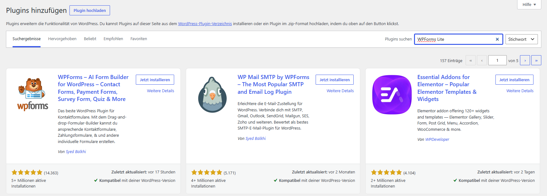 Plugin-Suche mit WPForms- und WP-Mail-SMTP-Kacheln