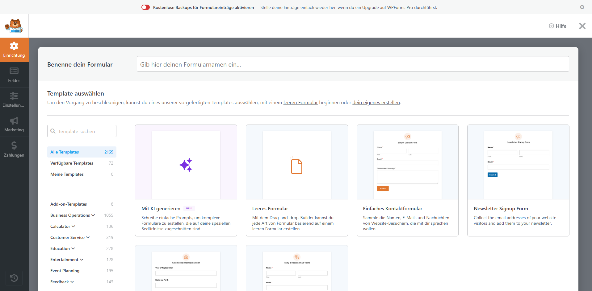WPForms Formular benennen und Template Einfaches Kontaktformular auswählen
