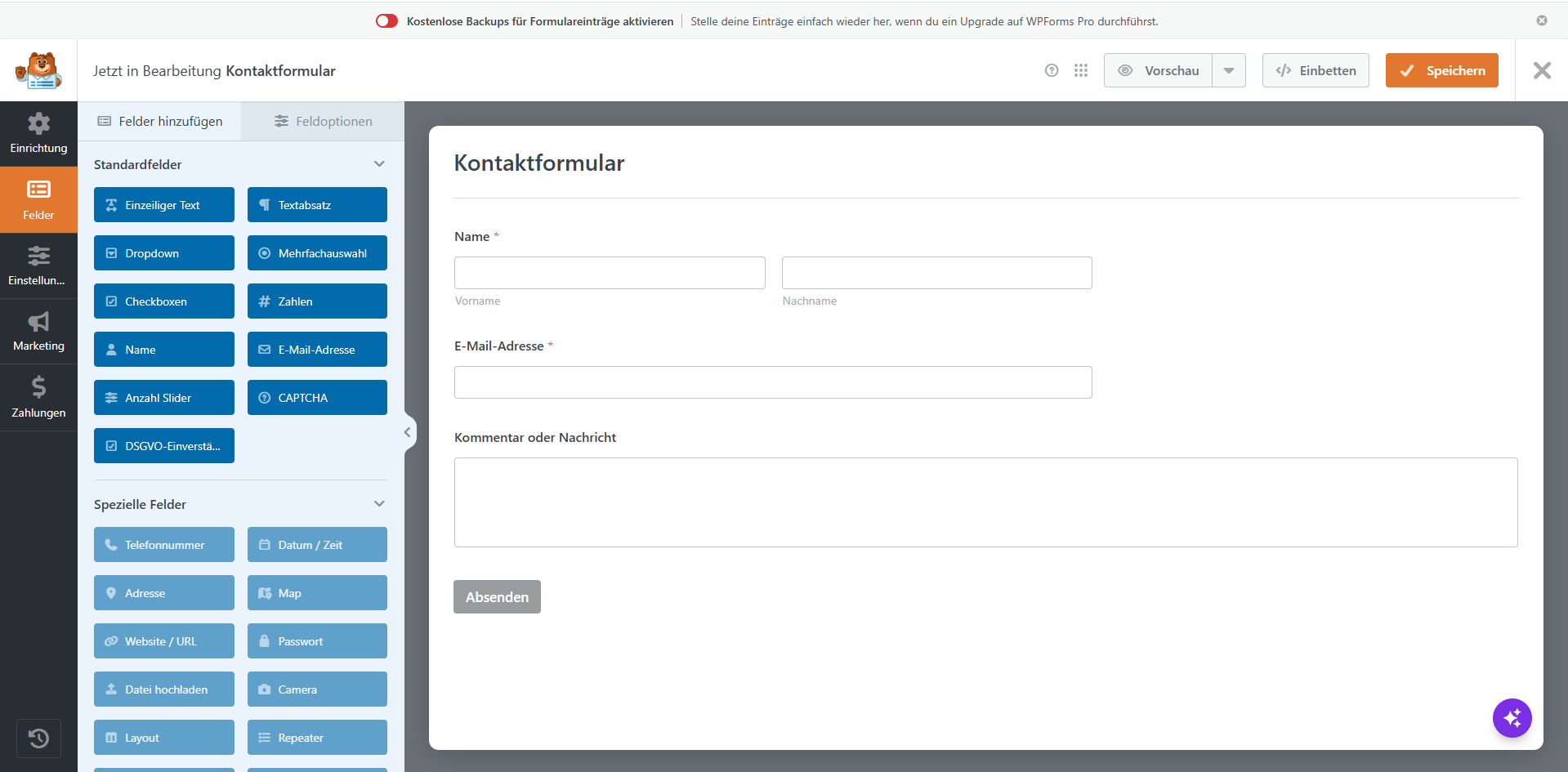 WPForms-Builder mit Kontaktformular-Vorschau, Feldliste und Speichern/Einbetten-Buttons