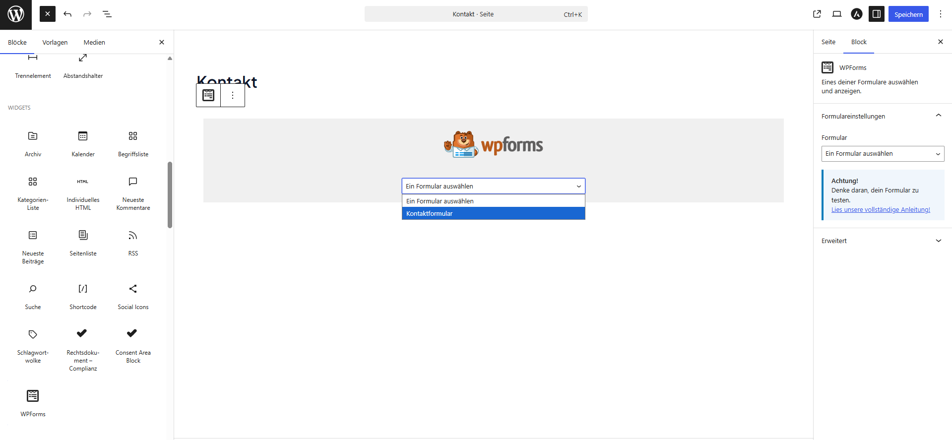Block-Editor mit WPForms-Block und Formularauswahl Kontaktformular