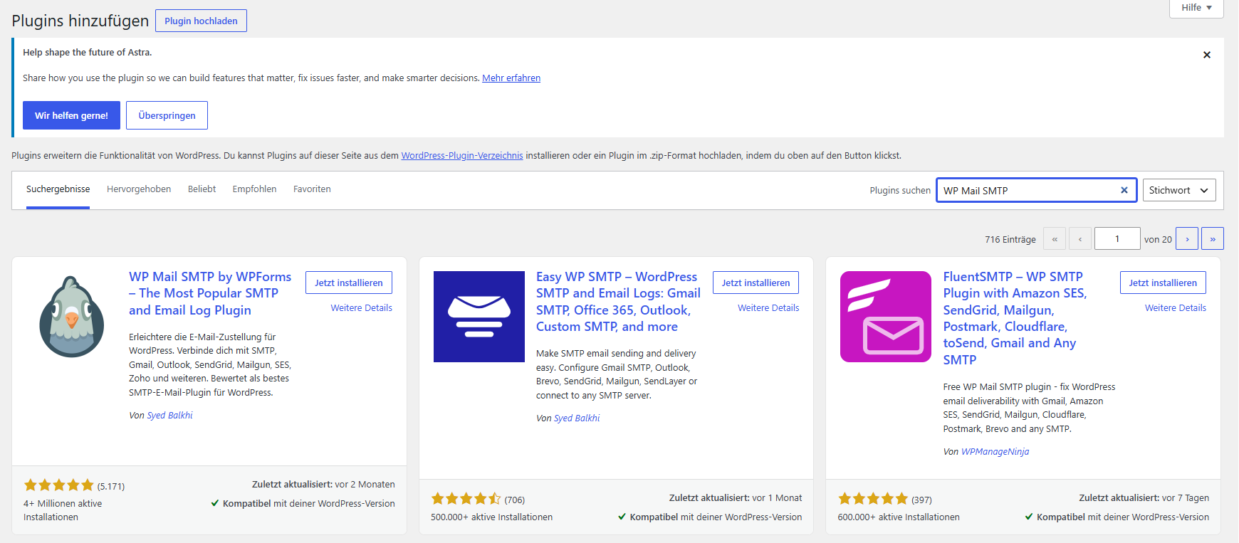 Plugin-Suche mit WP Mail SMTP by WPForms Kachel
