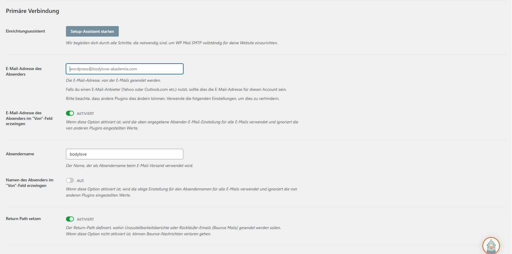 Primäre Verbindung mit Absender-E-Mail-Adresse, Absendername und Return Path