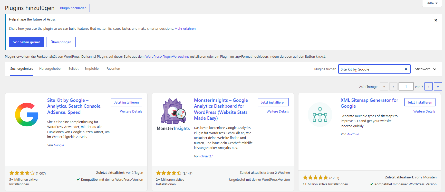 Plugin-Suche mit Site-Kit-Kachel Analytics Search Console AdSense Speed