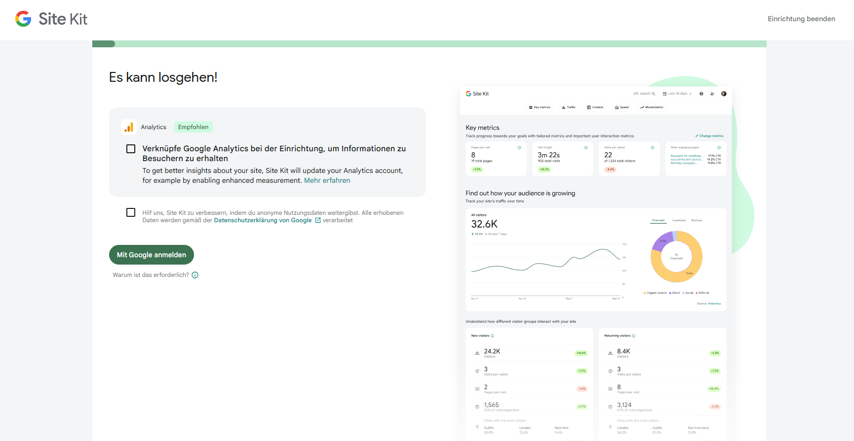 Site-Kit-Bildschirm Es kann losgehen mit Analytics-Verknüpfungs-Checkbox und Mit Google anmelden Button