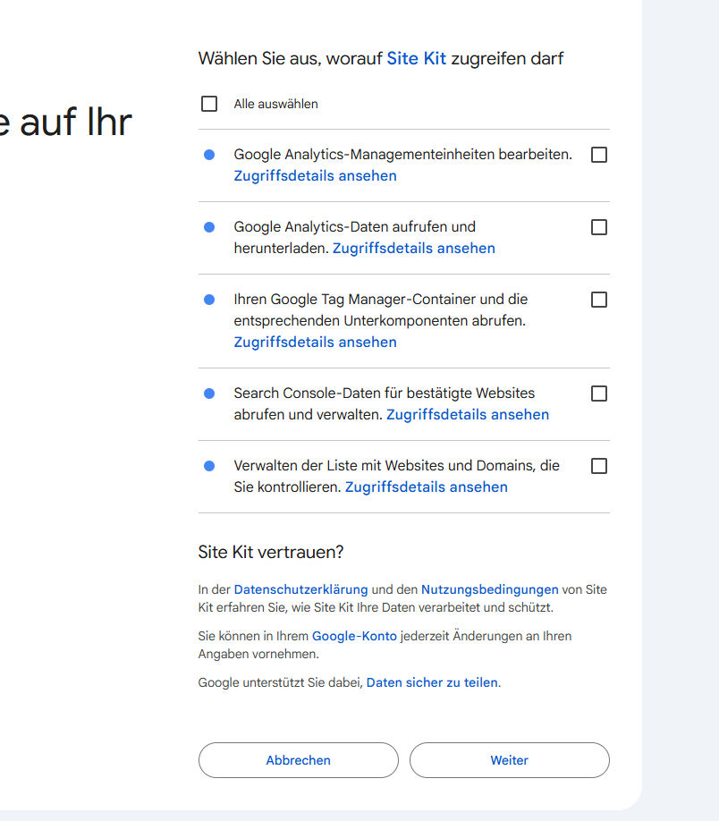 Google-Berechtigungsdialog Wählen Sie aus worauf Site Kit zugreifen darf mit Alle auswählen und Weiter Button