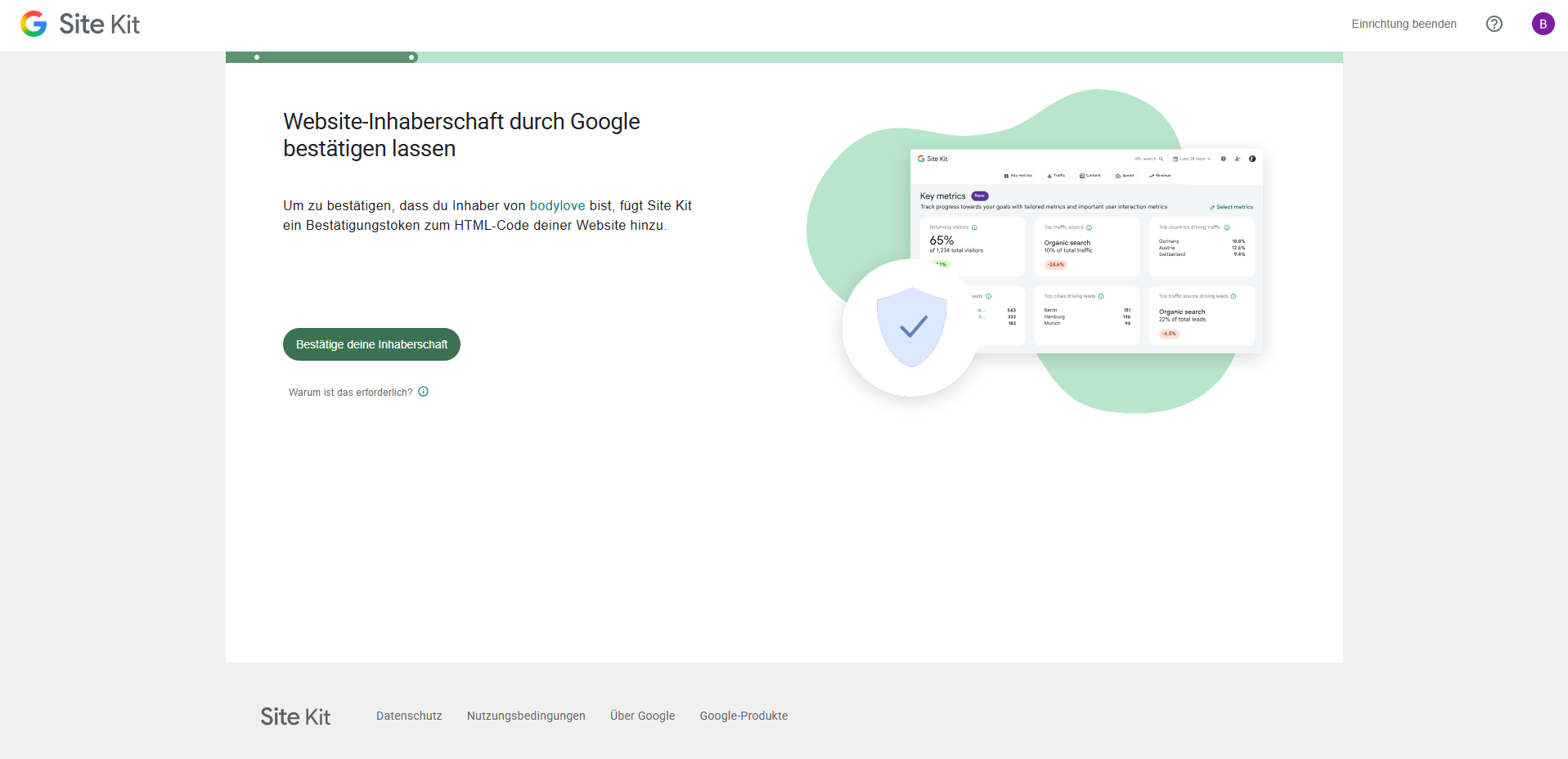 Site-Kit-Bildschirm Website-Inhaberschaft durch Google bestätigen lassen mit Bestätige deine Inhaberschaft Button