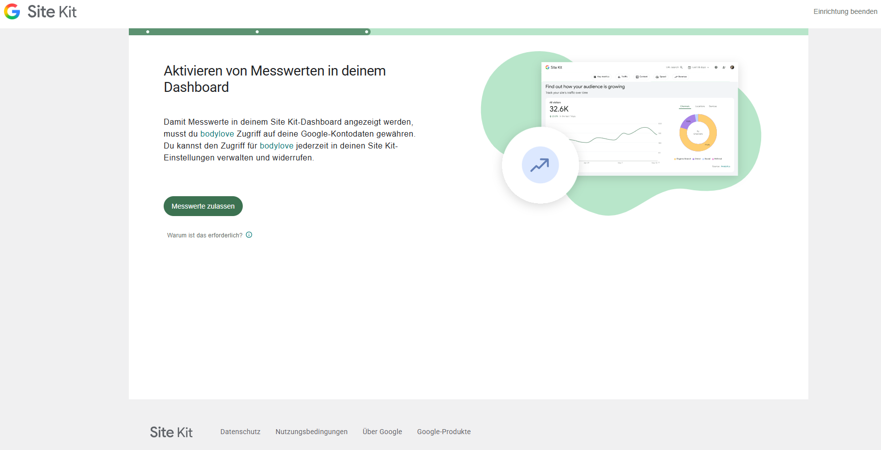 Site-Kit-Bildschirm Aktivieren von Messwerten in deinem Dashboard mit Messwerte zulassen Button