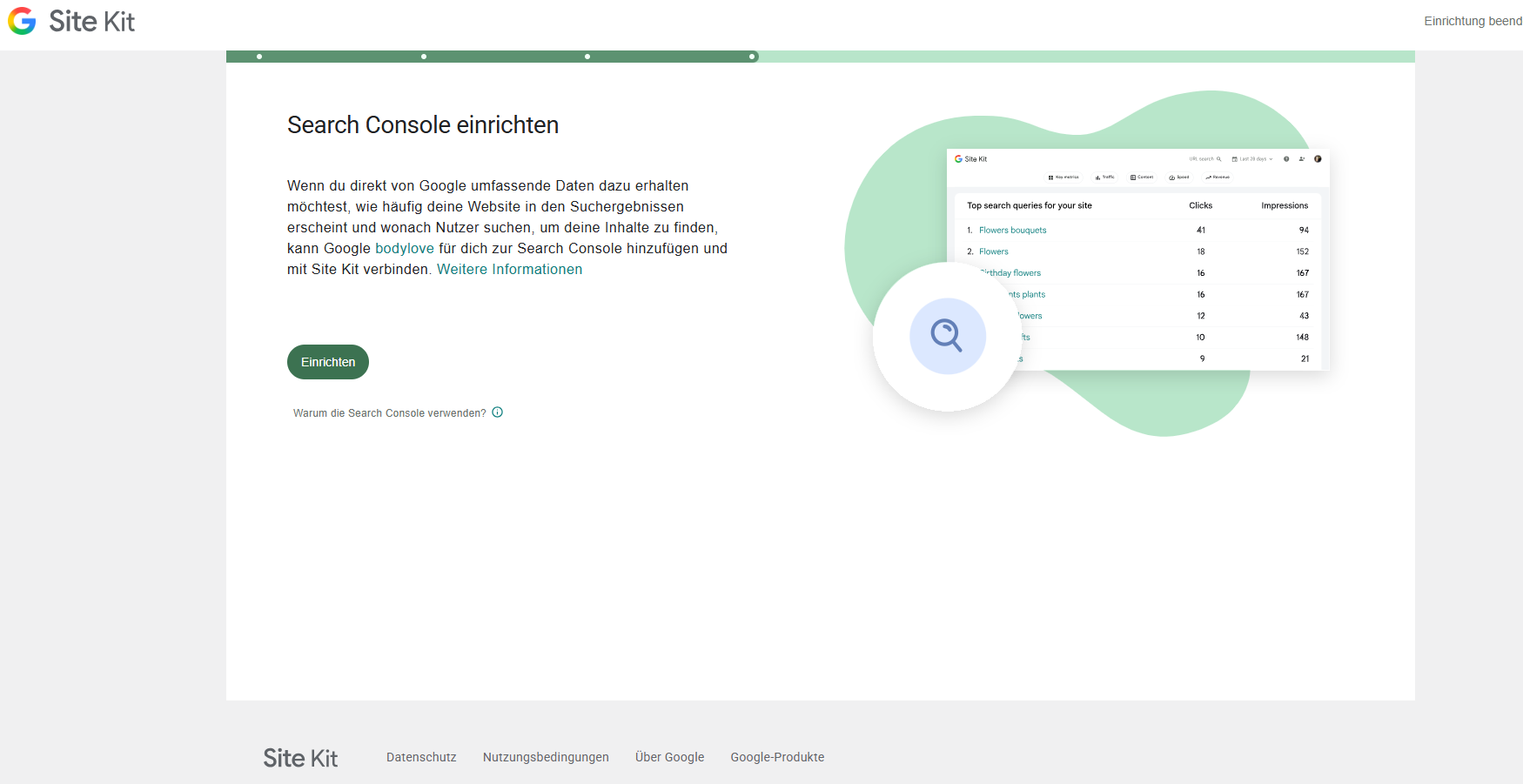 Site-Kit-Bildschirm Search Console einrichten mit Einrichten-Button