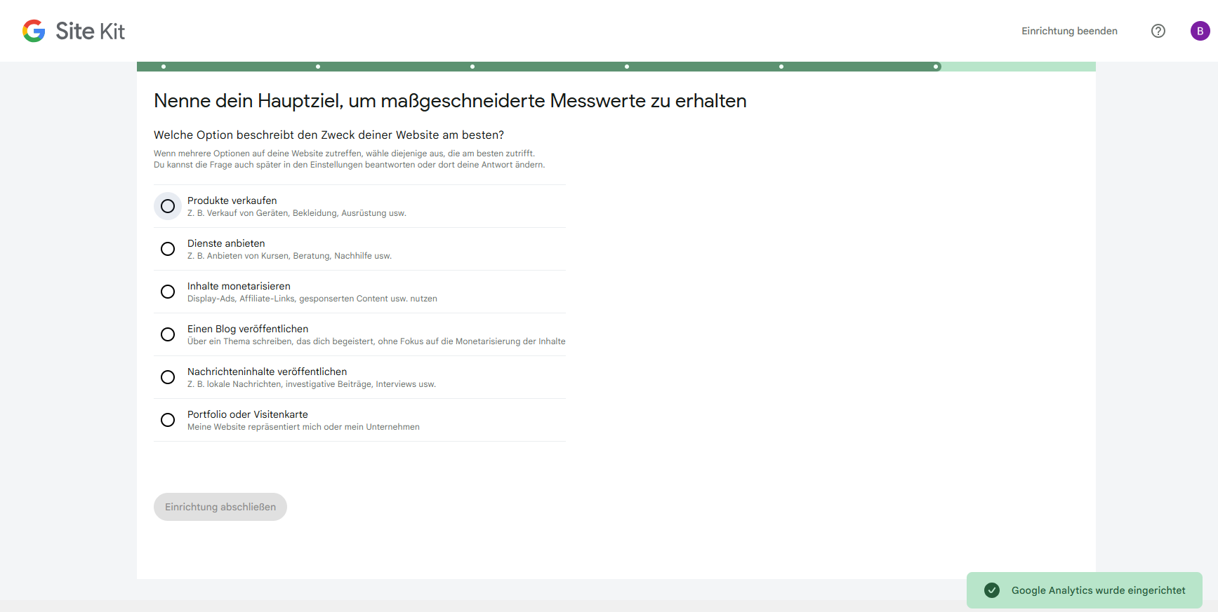 Site-Kit-Bildschirm Nenne dein Hauptziel mit Auswahloptionen und Einrichtung-abschließen-Button