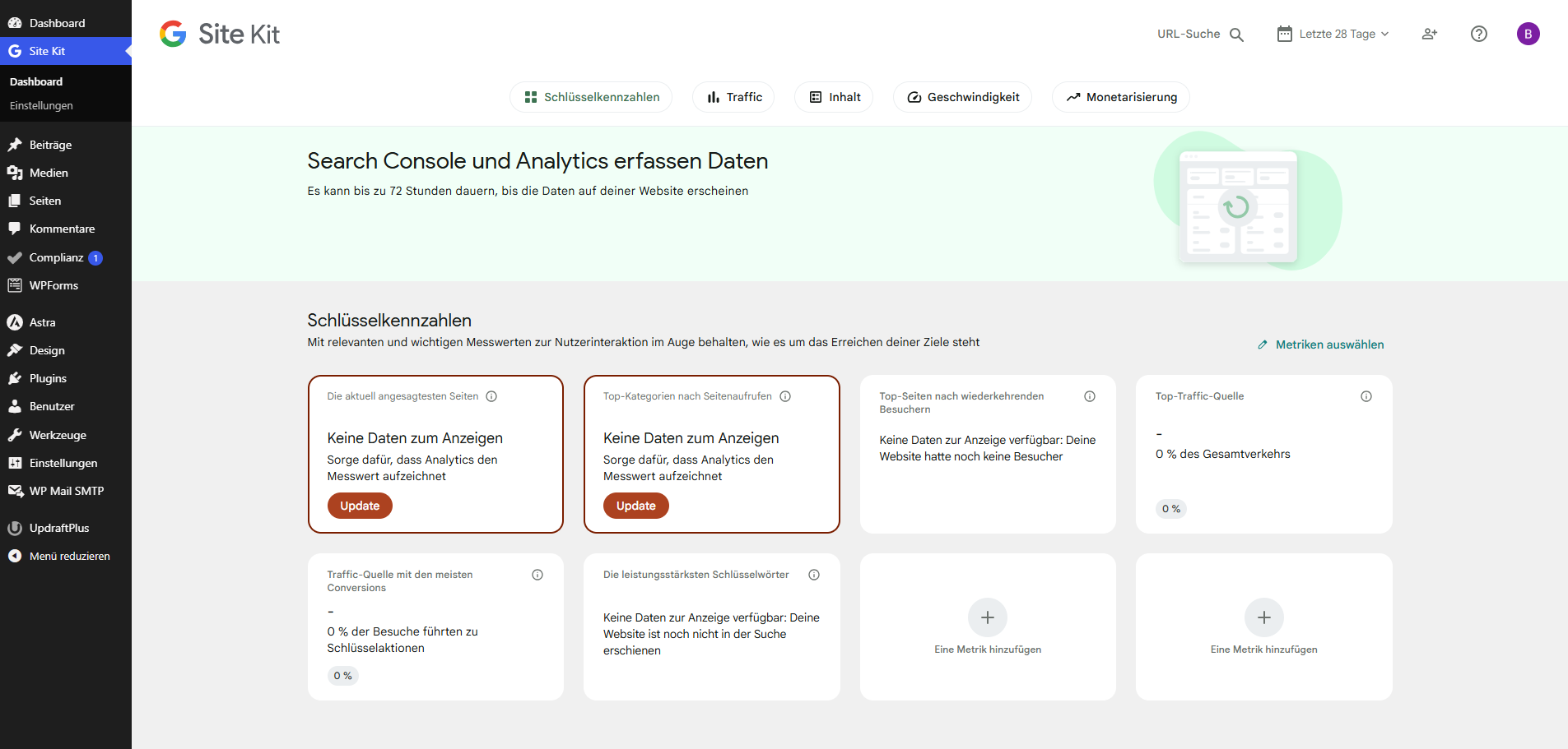 Site-Kit-Dashboard mit Hinweis Search Console und Analytics erfassen Daten und Schlüsselkennzahlen ohne Daten