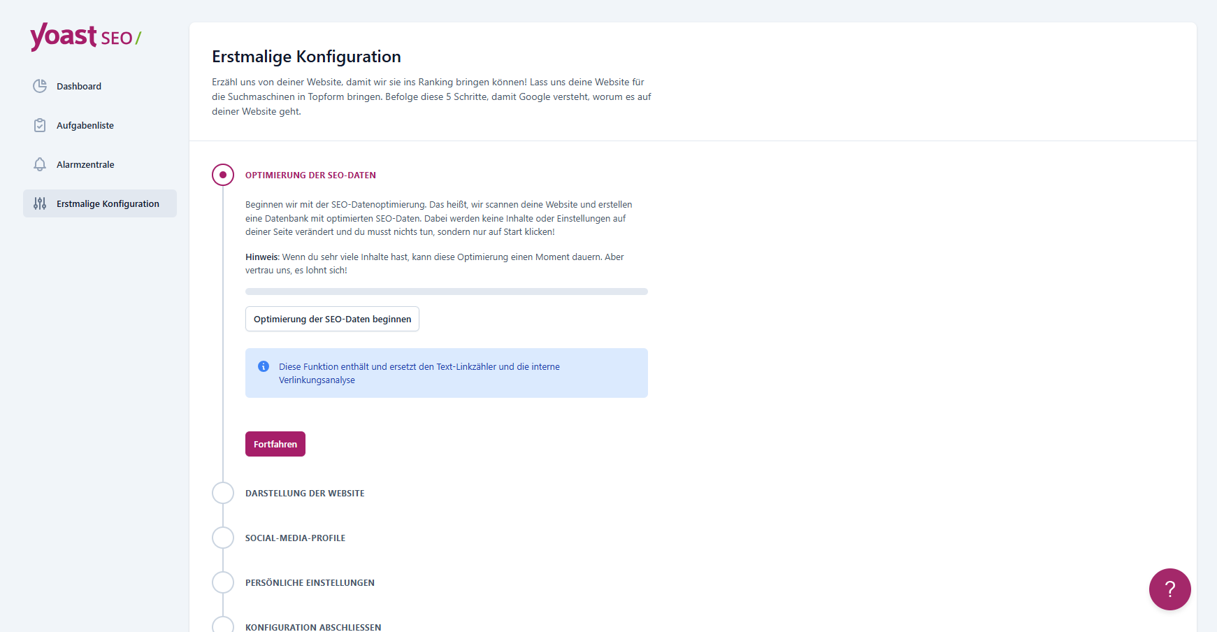 Yoast SEO Erstmalige Konfiguration mit Optimierung der SEO-Daten und Fortfahren-Button