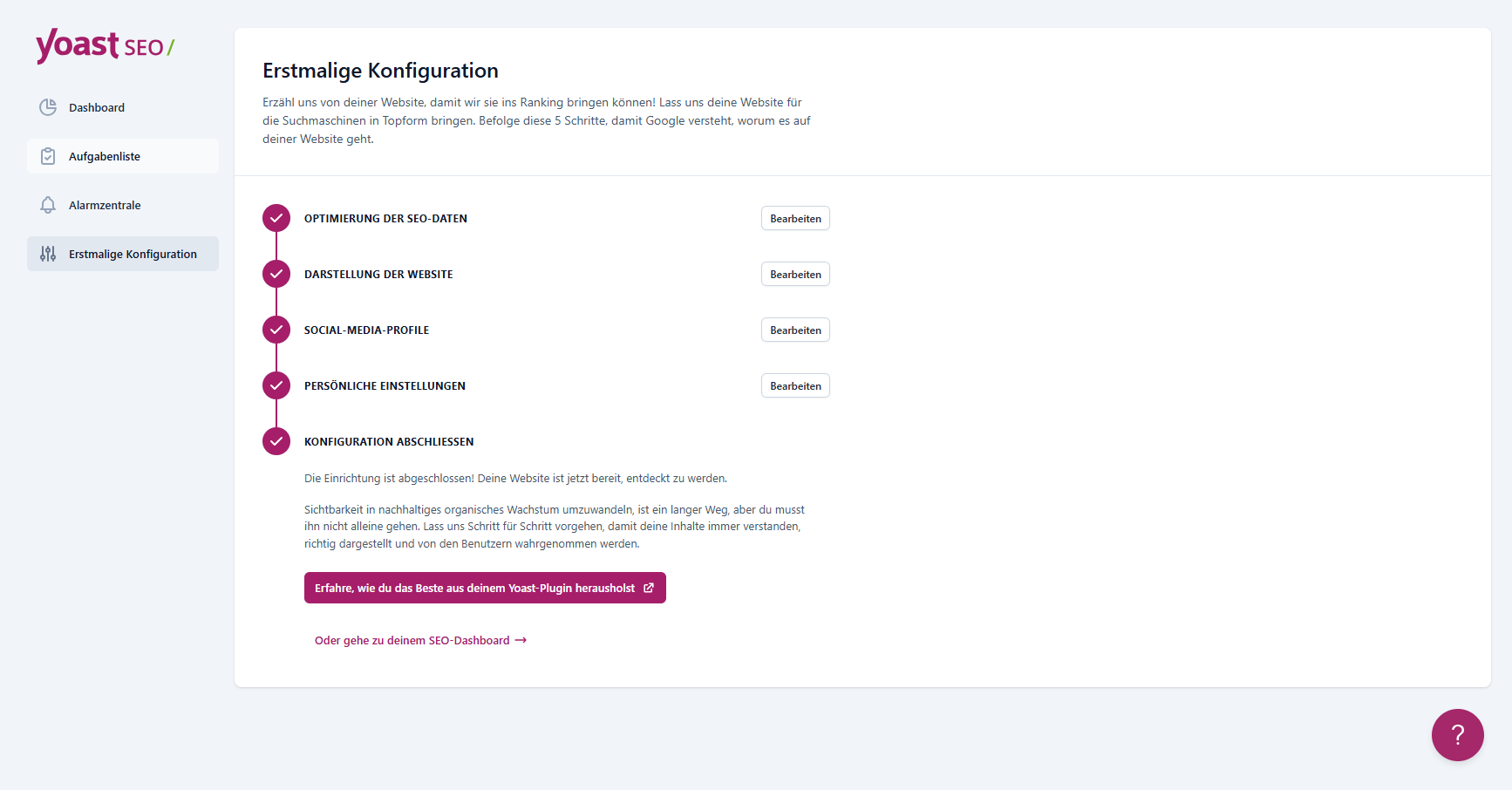 Yoast SEO Konfiguration abschließen mit allen 5 Etappen abgehakt und Link zum SEO-Dashboard