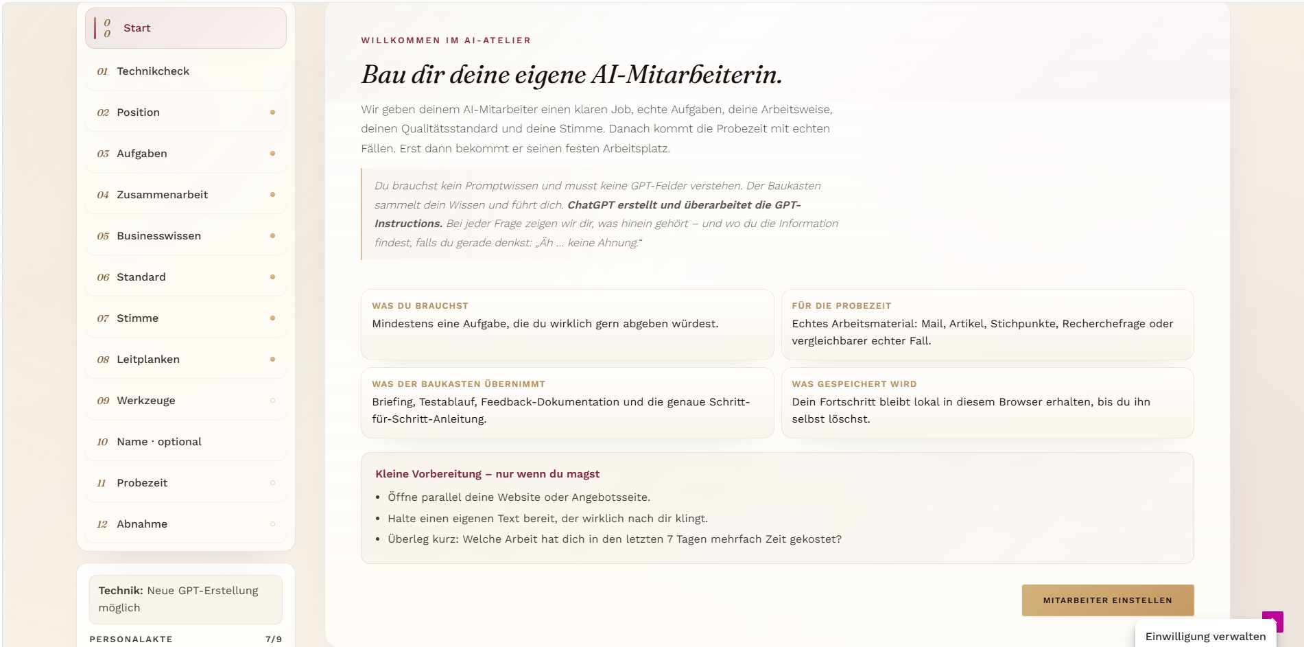 Screenshot des KI-Mitarbeiterin Baukasten in ChatGPT